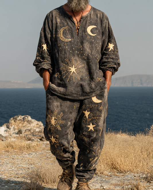 Men's Casual Star and Moon Embroidery Long Sleeve Top & Pants Two-piece Set 9247