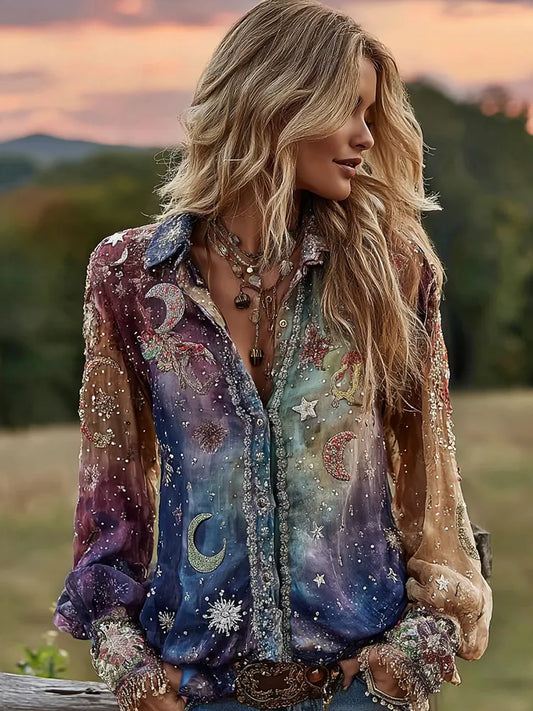 Tie-dye Star Moon Embroidered Sequined Ombre Witch Shirt