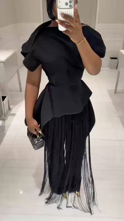 Black Peplum Top & Fringe Pants Co-Ord Set