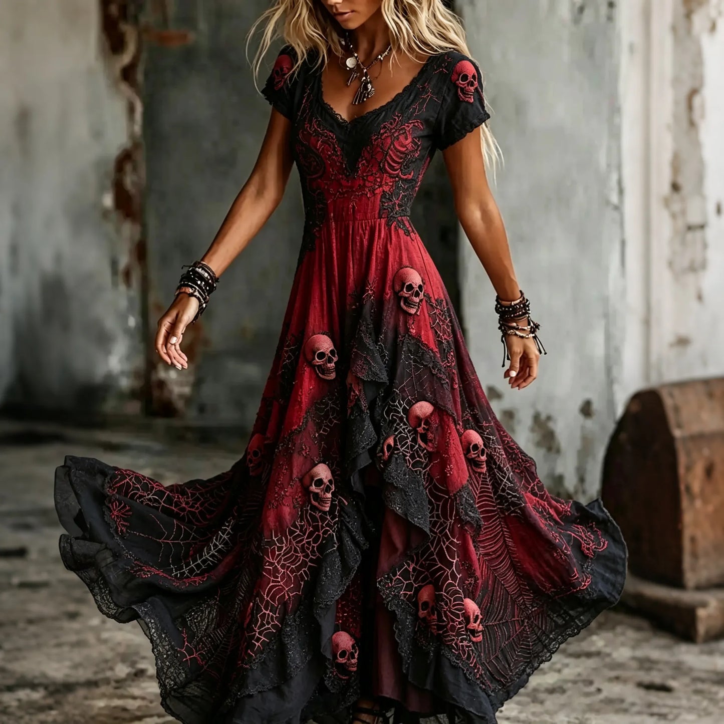 Women's Retro Gothic Skull Lace Gradient Pattern Print Short-sleeve Mixi Dress