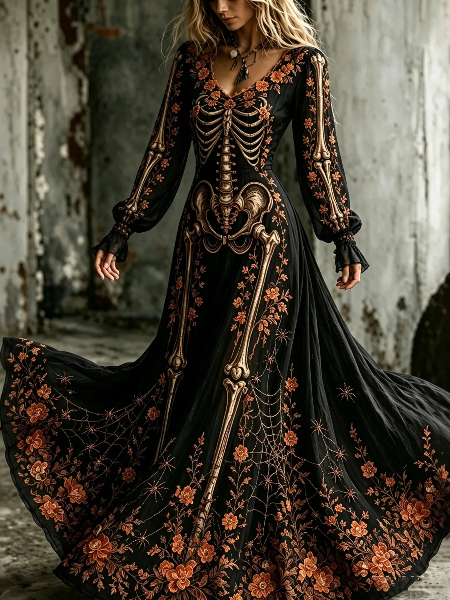 Women's Retro Halloween Human Skeletal Floral Art Pattern Maxi Dress