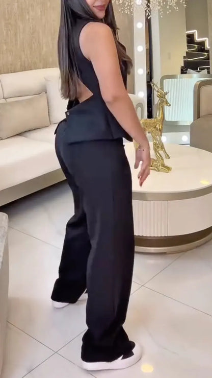 V-Neck Hollow Out Sleeveless Vest & Wide-Leg Pants Set