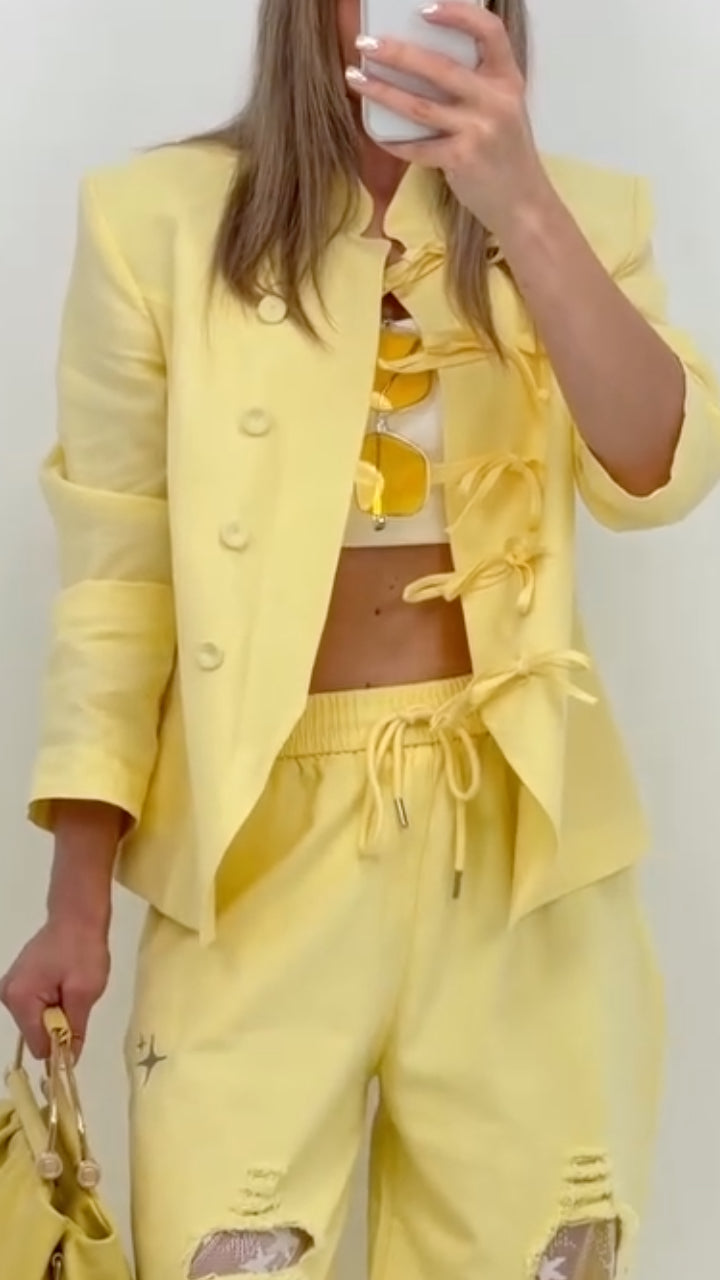 Frog‑Button Blazer & Distressed Wide Leg Pants Co‑Ord Set
