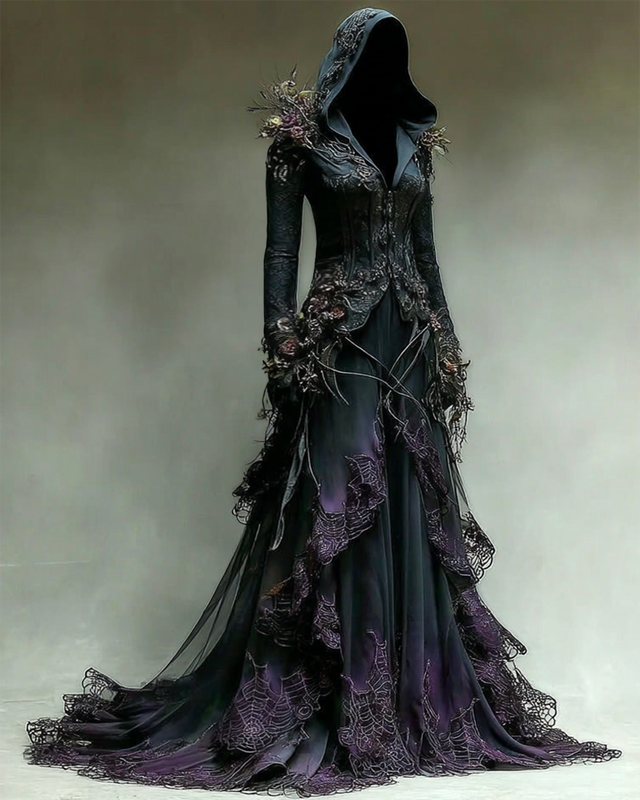 Halloween Gradient Spiderweb Lace Panel Ruffle Hooded Dress ef86