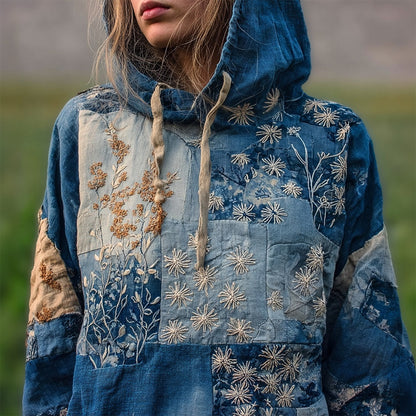 Vintage Boho Floral Embroidered Patchwork Cozy Hoodie
