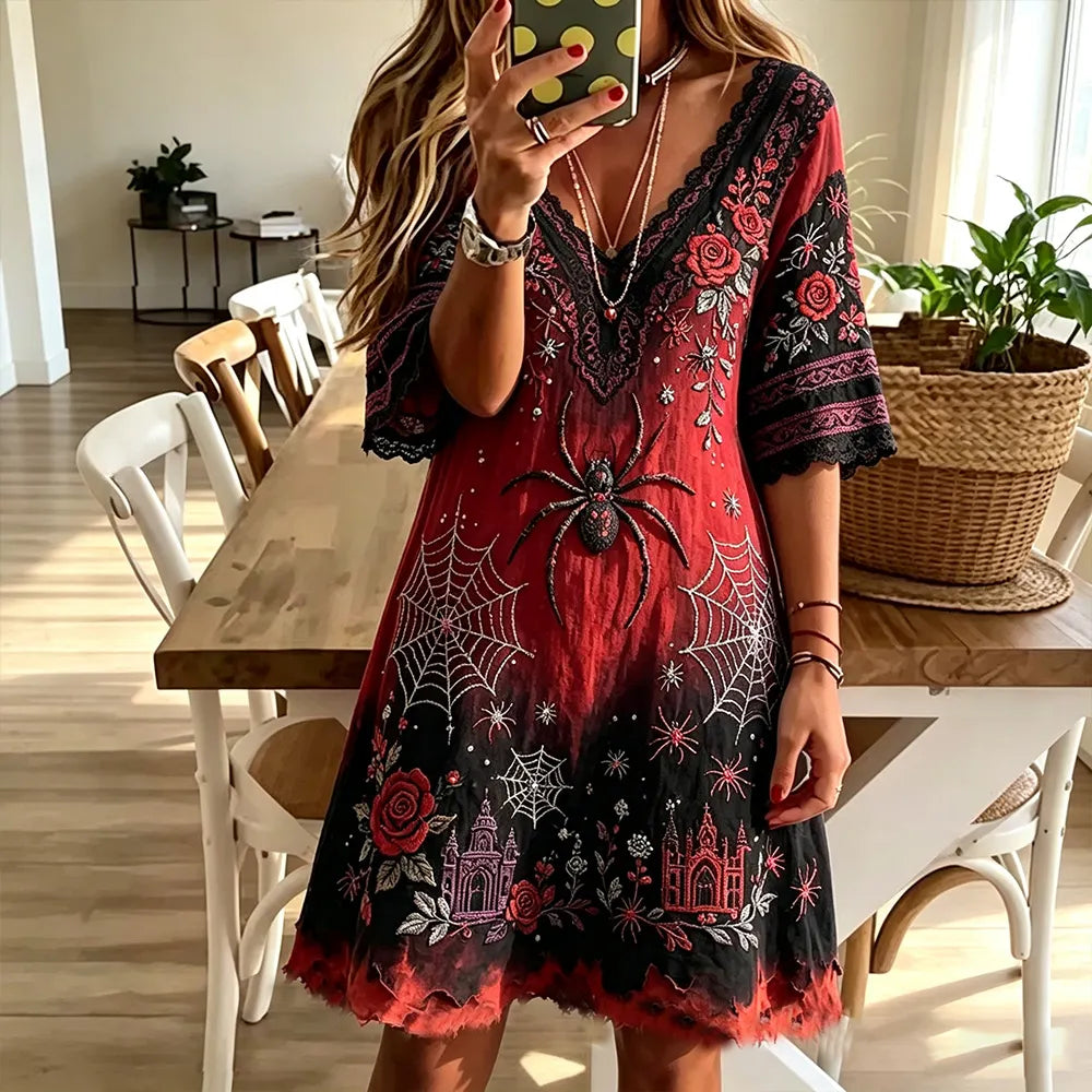 Women's Halloween Spider And Floral Art Gradient V-neck Short Sleeve Dress