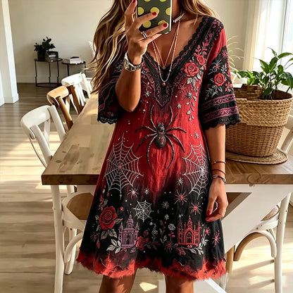 Women's Halloween Spider And Floral Art Gradient V-neck Short Sleeve Dress
