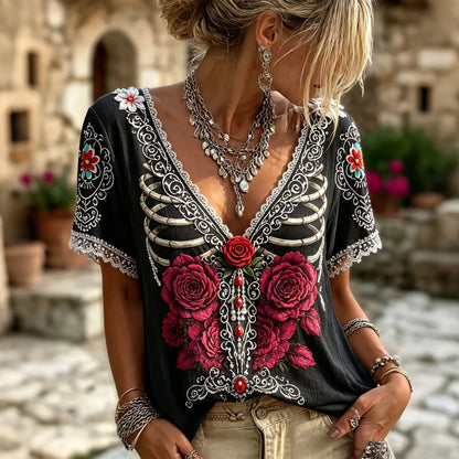 Women Retro Floral Embroidery V Neck Short Sleeve Casual Top