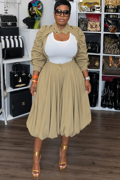 Khaki Gold Stud Collar Shrug & Bubble Midi Skirt Matching Set