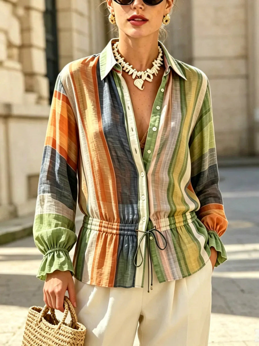 Women's Retro Striped Pattern Print Art Lapel Long Sleeve Casual Stylish Shirt
