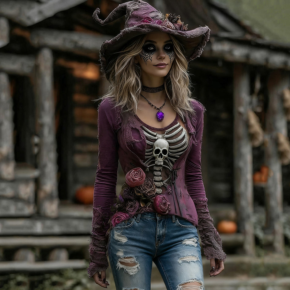 Women's Halloween Rose Skull Witch Cosplay V-neck T-shirt