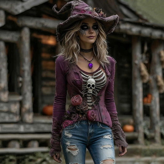 Women's Halloween Rose Skull Witch Cosplay V-neck T-shirt
