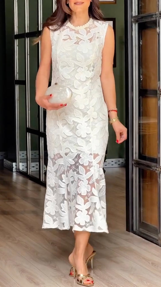 White Floral Lace Midi Dress