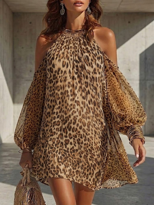 Women's Off-shoulder Leopard Print Chiffon Dress
