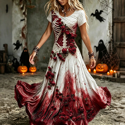 Women's Vintage Halloween Rose And Bloody Art Crew Neck Short Sleeve Maxi Dress