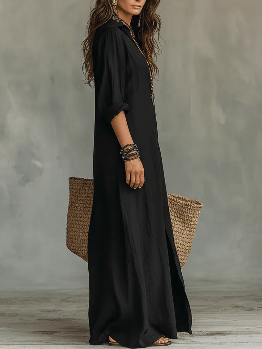 Black Button-down Front-opening Loose-fitting Shirt Maxi Dress