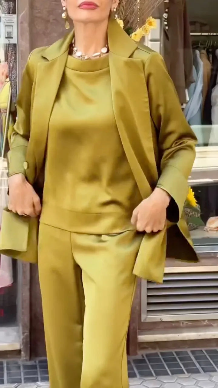 Olive Green Satin Blazer, Top & Wide Leg Pants Co-Ord Set