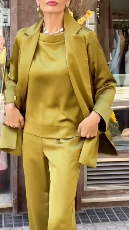Olive Green Satin Blazer, Top & Wide Leg Pants Co-Ord Set