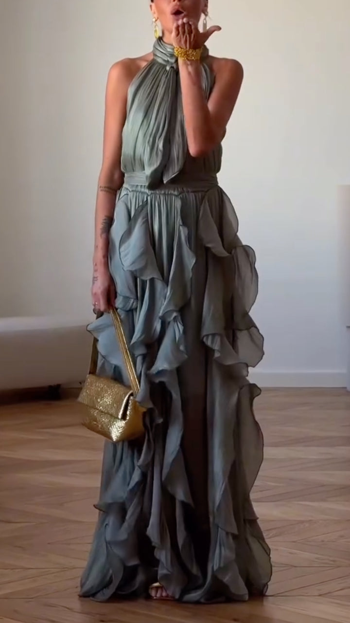 Silver Grey Tie Neck Ruffle Hem Chiffon Maxi Dress