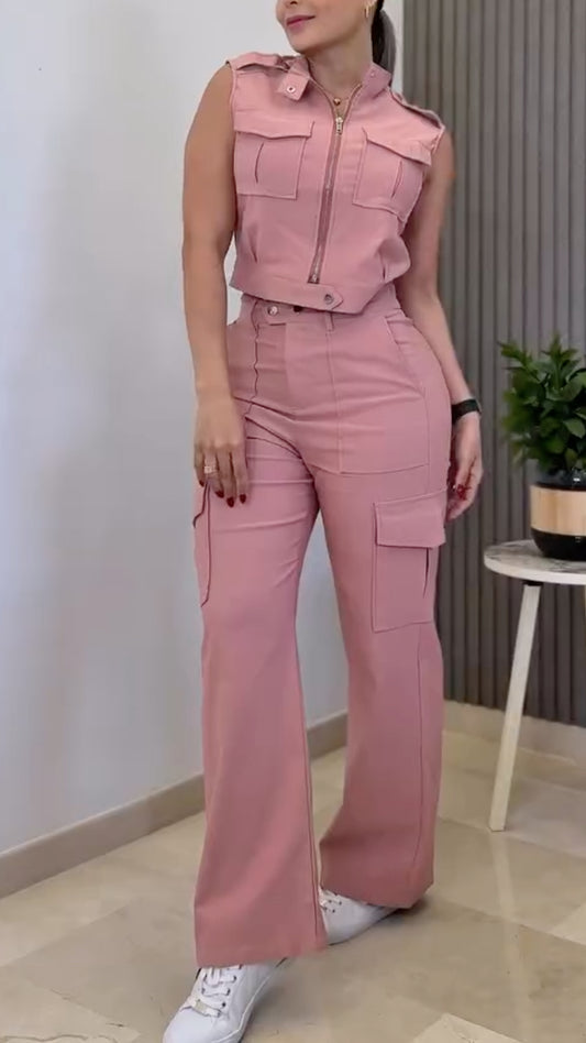 Sleeveless Zip-Up Top and Wide Leg Pants Set