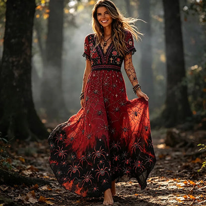 Halloween Spider And Floral Embroidery Art Gradient V-neck Short Sleeve Large Flare Dress