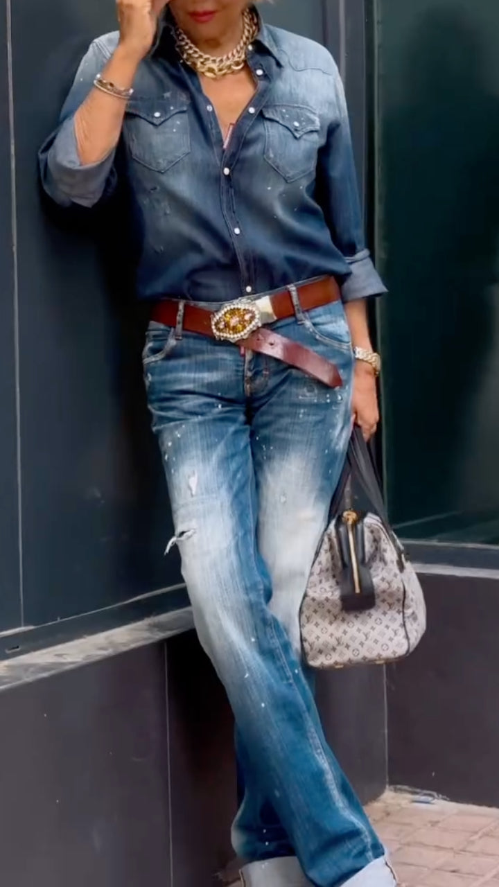Dark Blue Denim Shirt & Light Wash Jeans Outfit