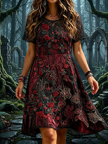 Women's Retro Halloween Themed Floral Embroidered Dress