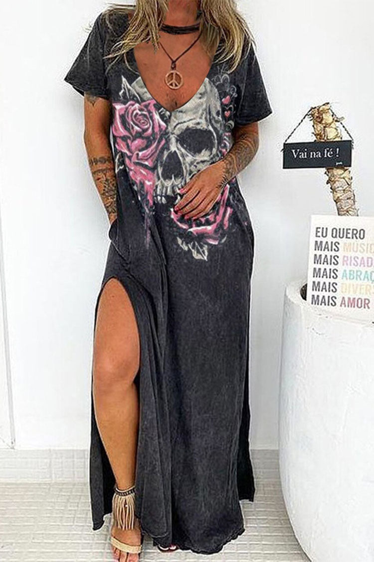 Vintage V-Neck Skull Print Short Sleeve Slit Maxi Dress