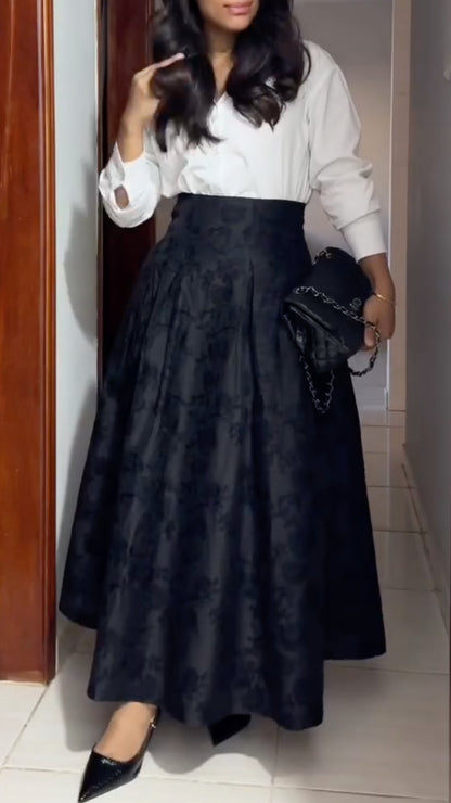 Black Textured Maxi Skirt and White Blouse Outfit