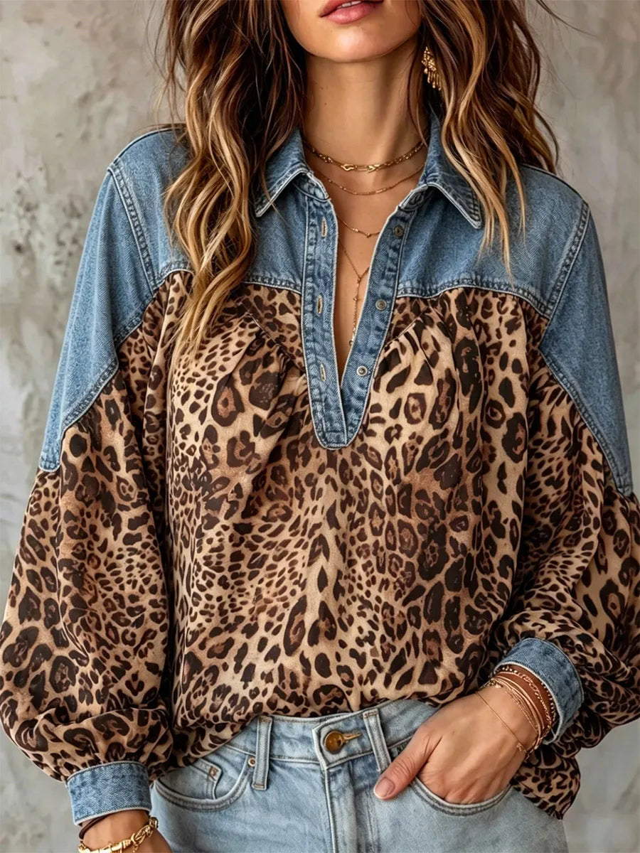 Women's Leopard Print Art Casual Stylish Lapel Denim Patchwork Shirt