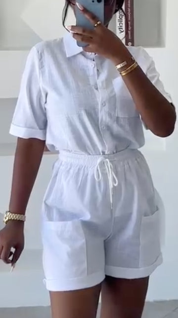 Women's Collared Shirt And Shorts Casual Suit