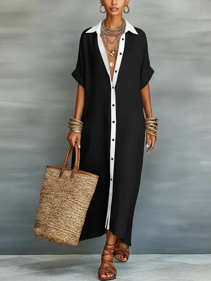 Olive Green Minimalist Patchwork Short-sleeved Shirt Maxi Dress