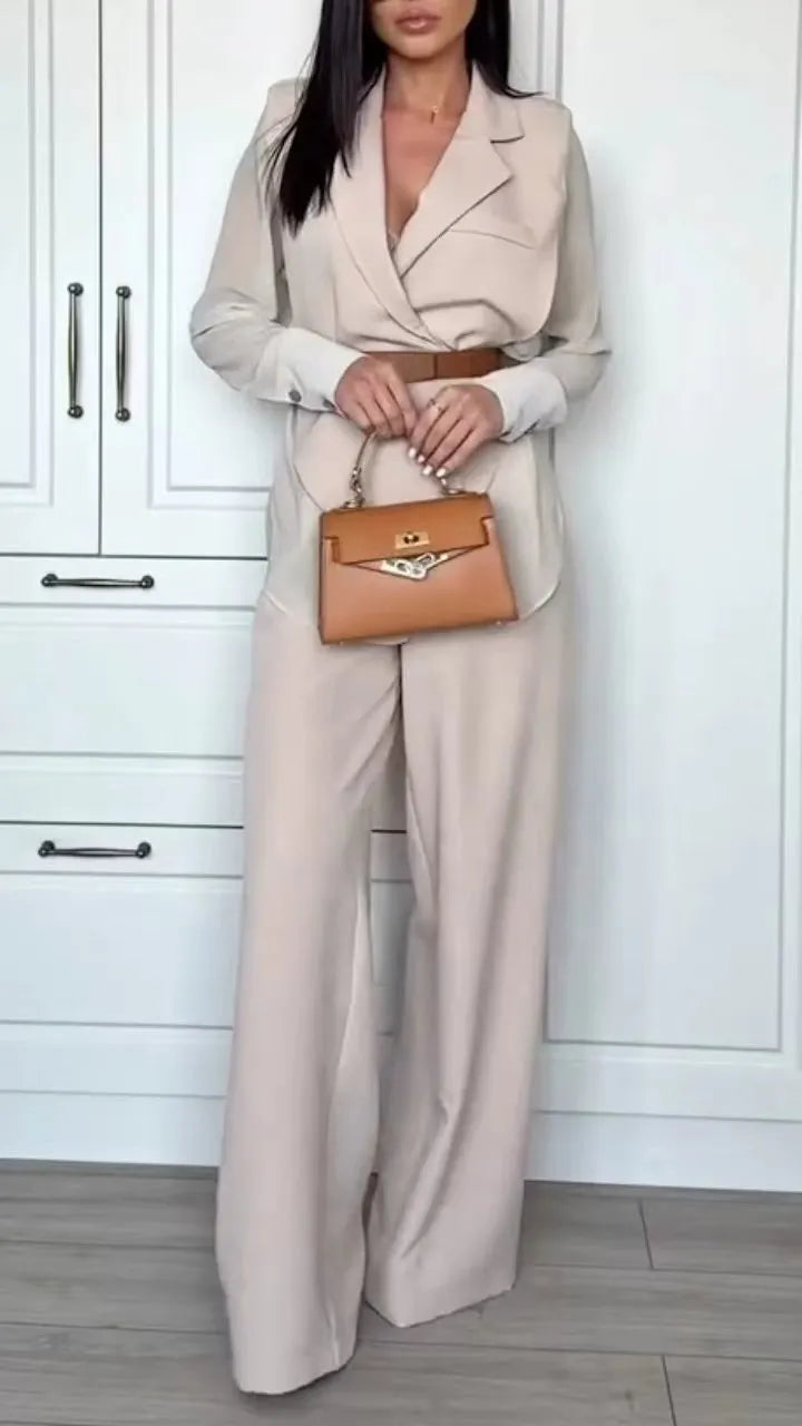 Beige Wrap Blazer Top & Wide Leg Pants Co-Ord Set