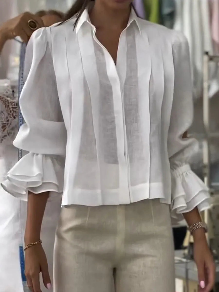 Women's Solid Color Long-sleeve Cotton-linen Blouse With Shirt Collar And Pleated Detail (loose Fit)