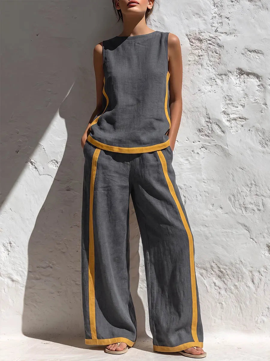 Women's Round Neck Sleeveless Casual Loose Top And High-waisted Loose Wide-leg Pants Cotton And Linen Set.