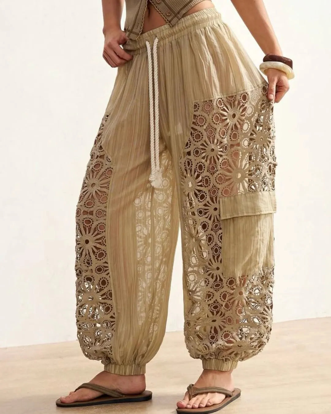 Beige Lace Cutout Drawstring Harem Pants