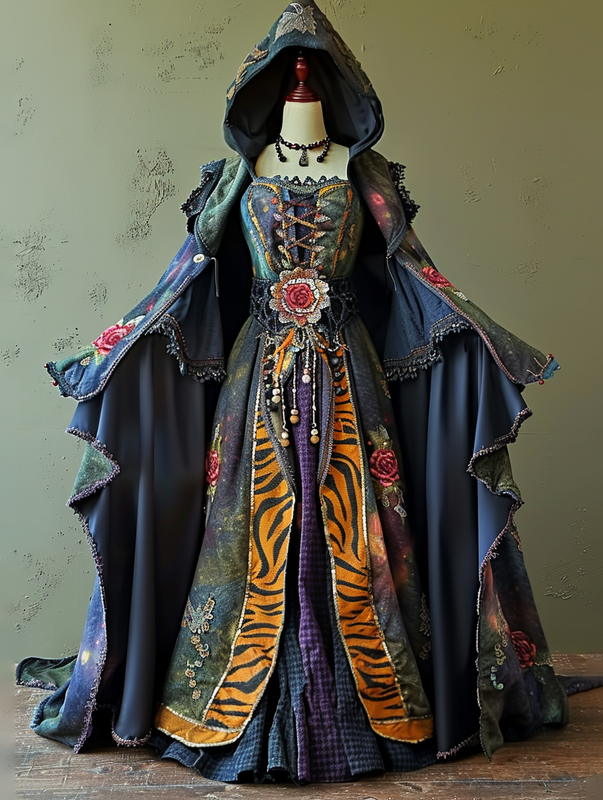 WOMEN'S HALLOWEEN PARTY CONTRAST COLOR LOOSE WIDE SLEEVE CAPE DRESS 0cea