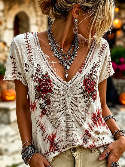 Women's Retro Halloween Skull And Rose Bloodstained Pattern Casual V-neck T-shirt