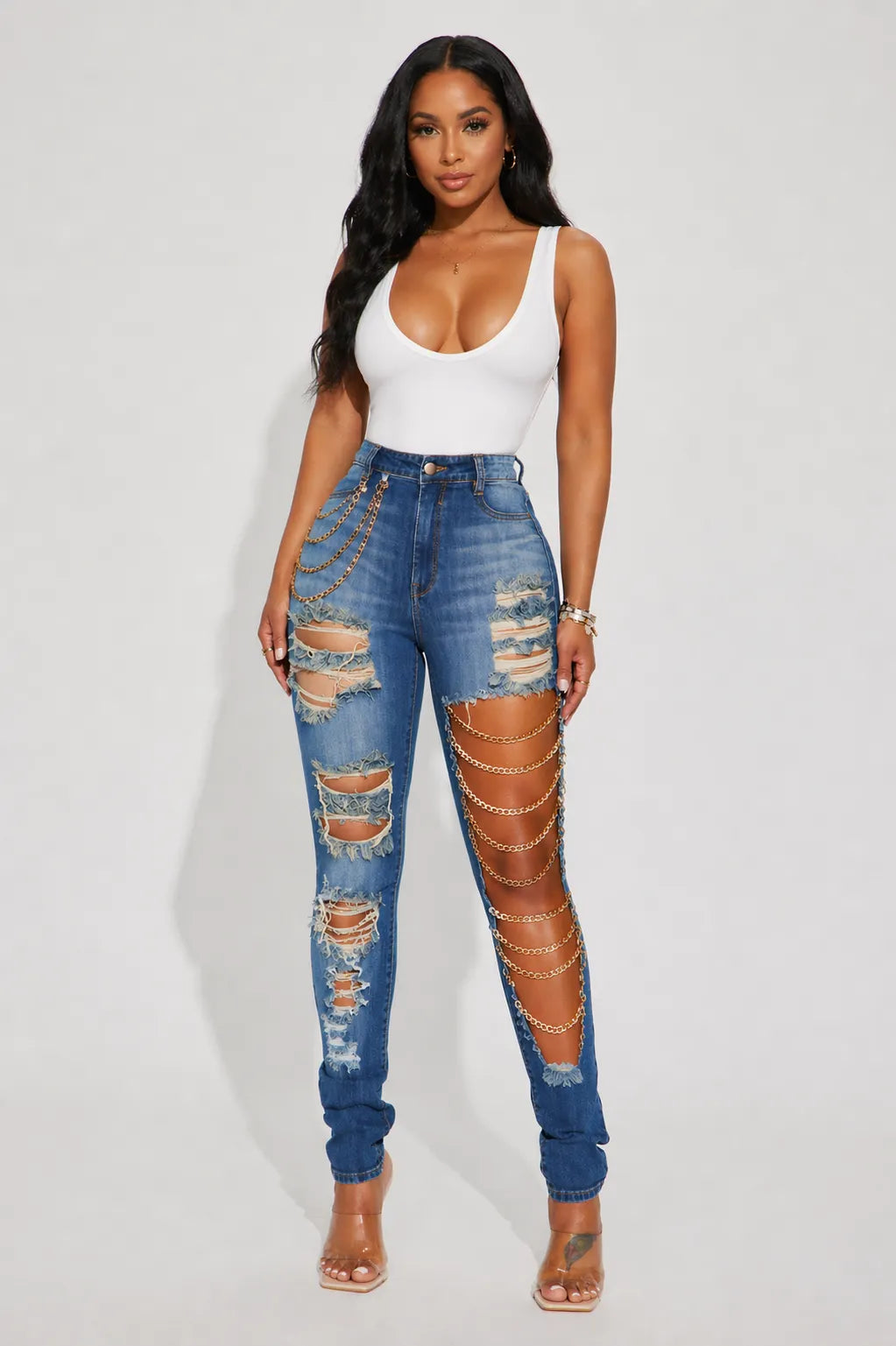 High Waist Distressed Ripped Denim Skinny Jeans