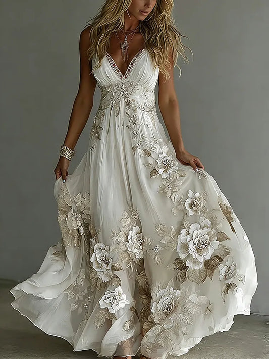 Women's Floral Embroidery Art Suspender Maxi Dress