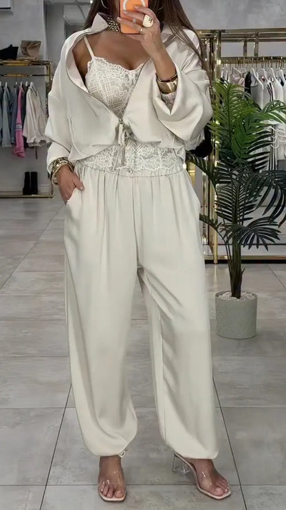 Beige Satin Zip Up Hoodie and JoggersLeg Pants 2 Piece Set
