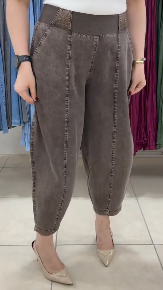 Washed Brown Elastic Waist Harem Pants