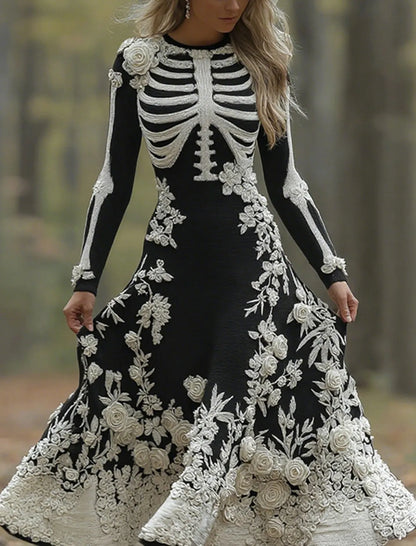 Women's Retro Halloween Skeleton Bones With Rose Art Cozy Knitted Warm Long Sleeve Maxi Dress