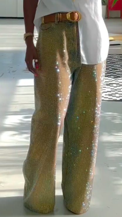White Shirt Gold Rhinestone Wide Leg Pants Set
