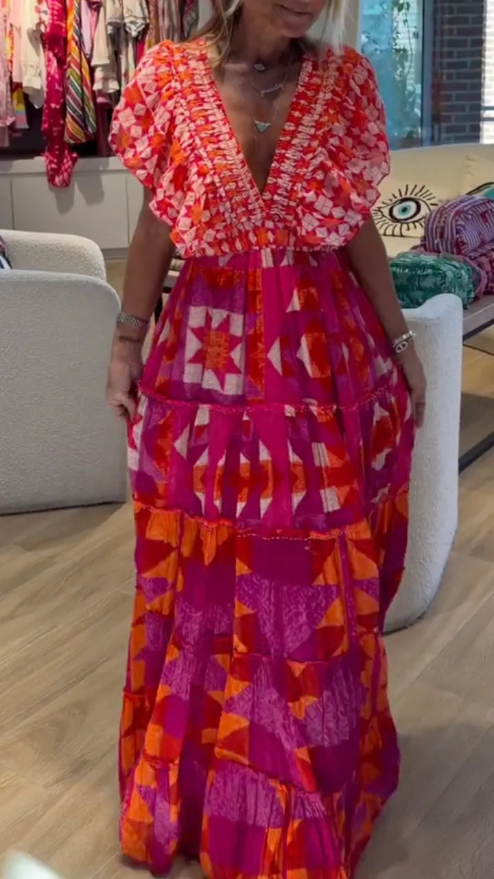 Geometric Print Tiered Maxi Dress
