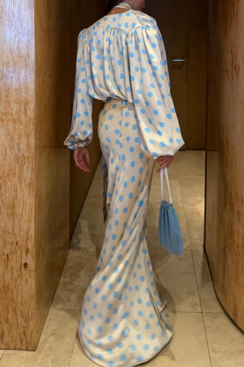 Women's V-Neck Polka Dot Satin Maxi Dress
