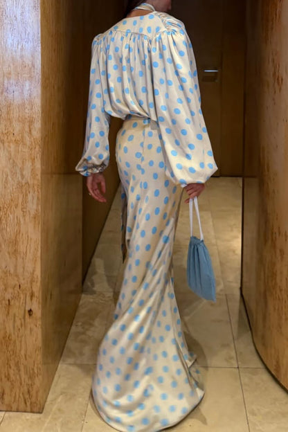 Women's V-Neck Polka Dot Satin Maxi Dress