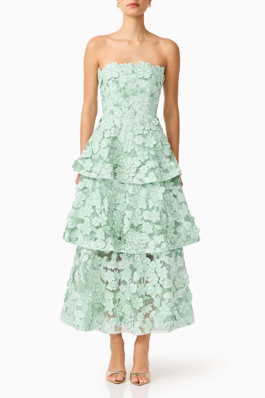 Strapless 3D Floral Tiered Midi Dress