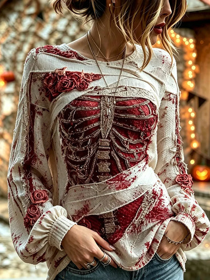 Women's Halloween Bloody Human Skeleton With Floral Art Casual Long Sleeve Tops