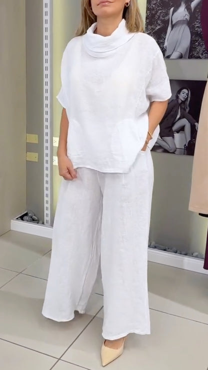 Women's High-Neck Cotton Linen Loose Casual Suit
